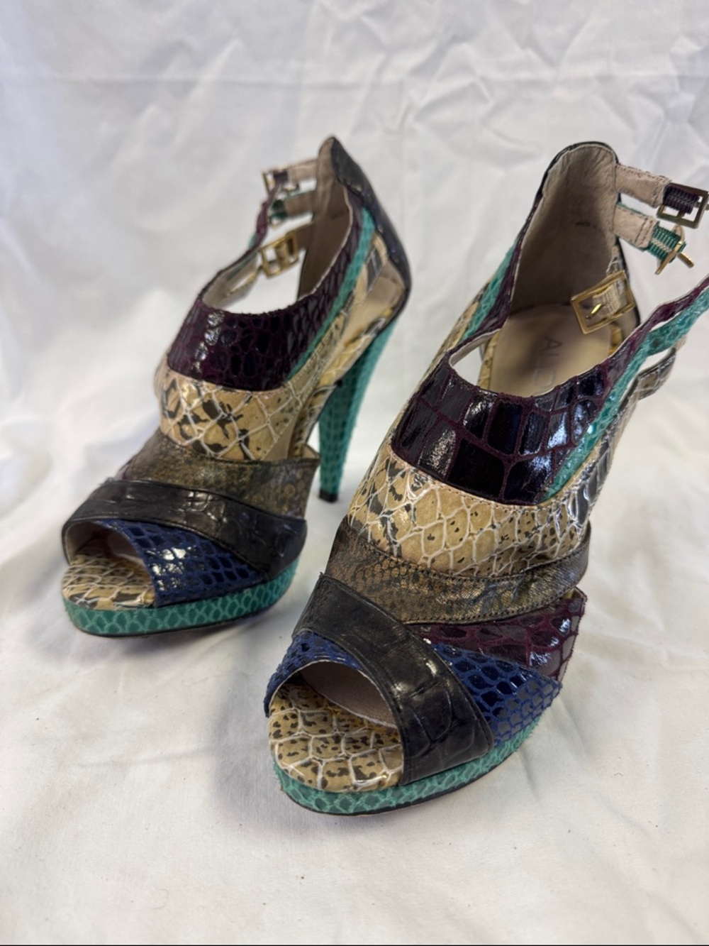 Aldo Multicolor Snakeskin Peep-Toe Ankle Strap Heels